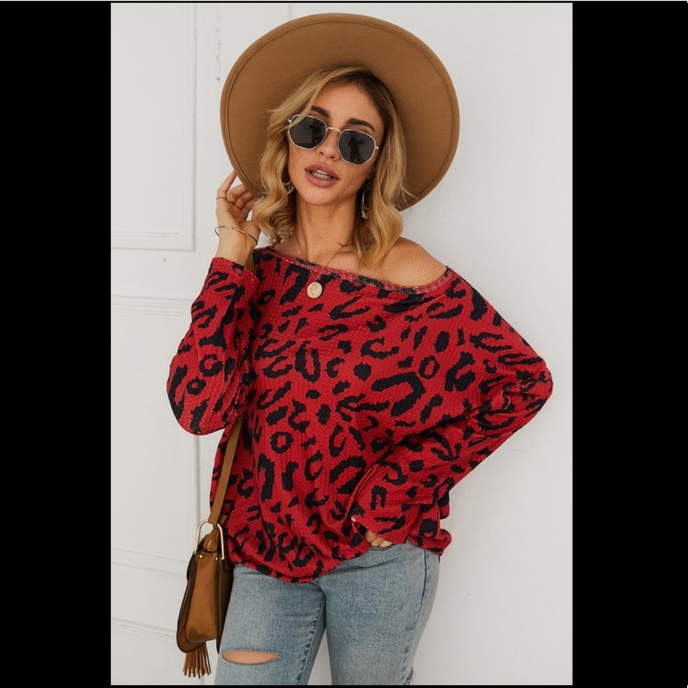 Red leopard print top.